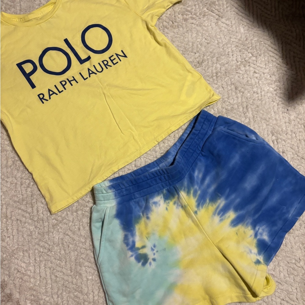 Ralph Lauren Yellow Polo Tee and Blue Tie-Dye Shorts